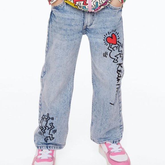 Keith Haring x H&M Girl Blue Printed Wide Fit Jeans Size 8 - Picture 1 of 9